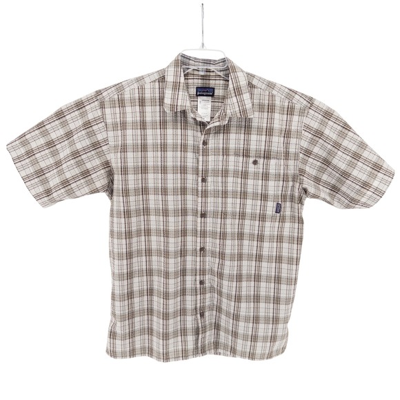 VTG Patagonia Mens Med Puckerware Short Sleeve Shirt Button Brown Plaid Textured - Picture 2 of 9